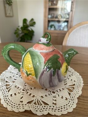 Vintage Hand-Painted Vegetable Ceramic Teapot - Green, Yellow, Purple